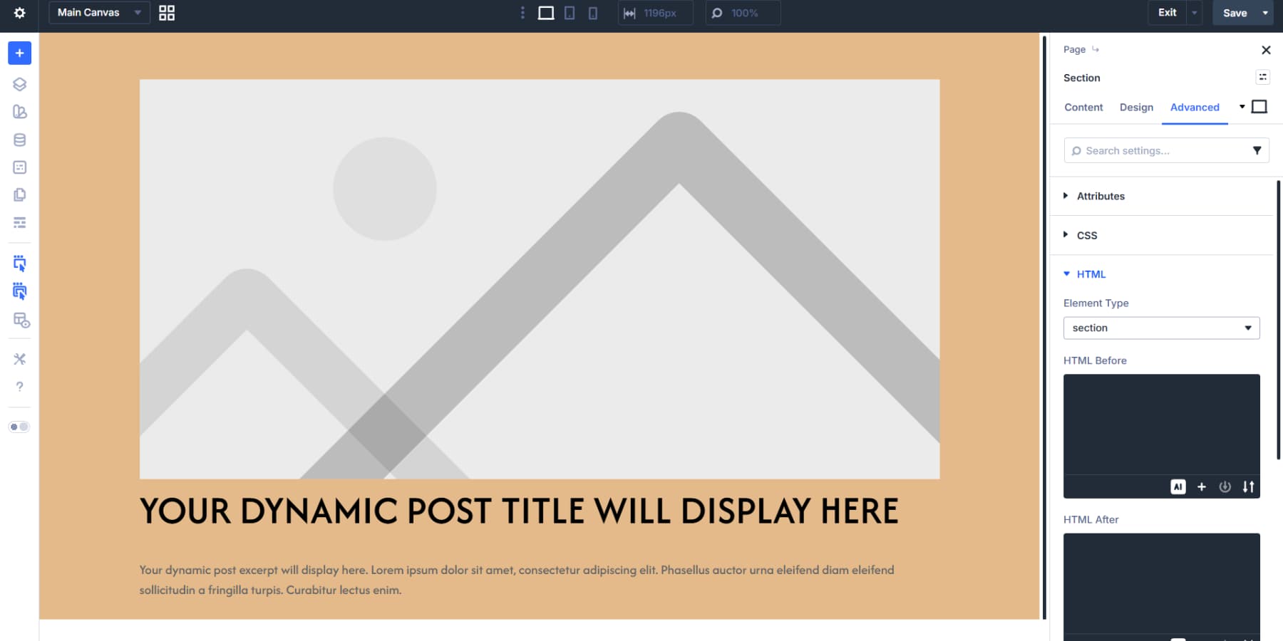 A screenshot of adding the section element type to the blog post header