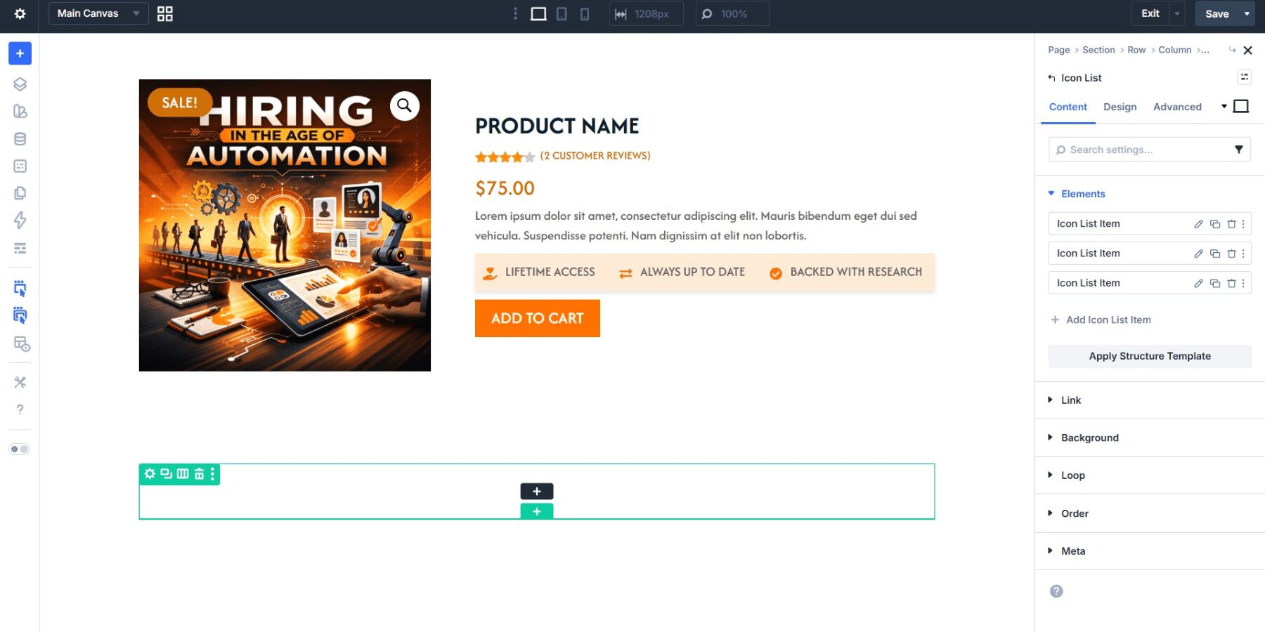 A screenshot of adding trust signals using the icon list module in Divi 5