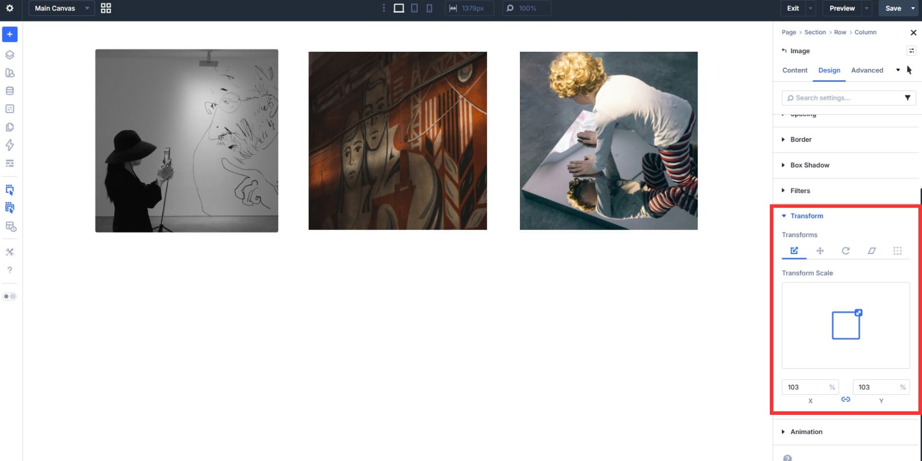 A screenshot of adjusting the transform scale in the hover state in Divi 5