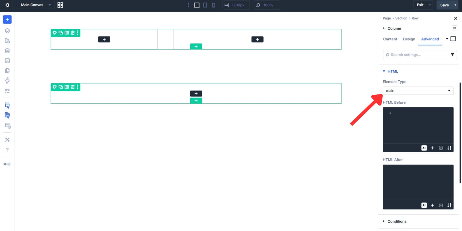 A screenshot of assigning the main element type to the second column of the first section of the product template in Divi 5