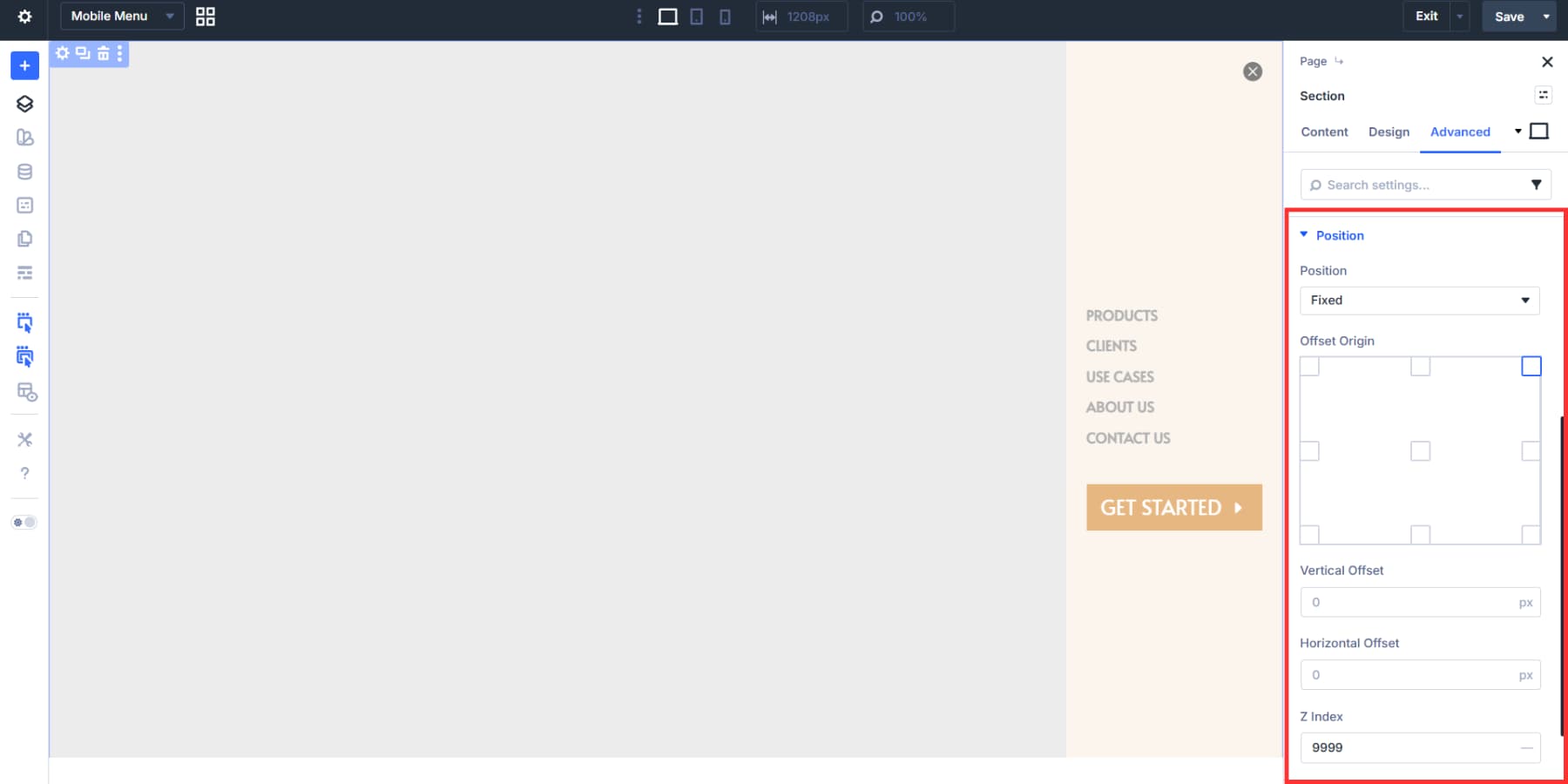 A screenshot of changing the position and setting the z-index