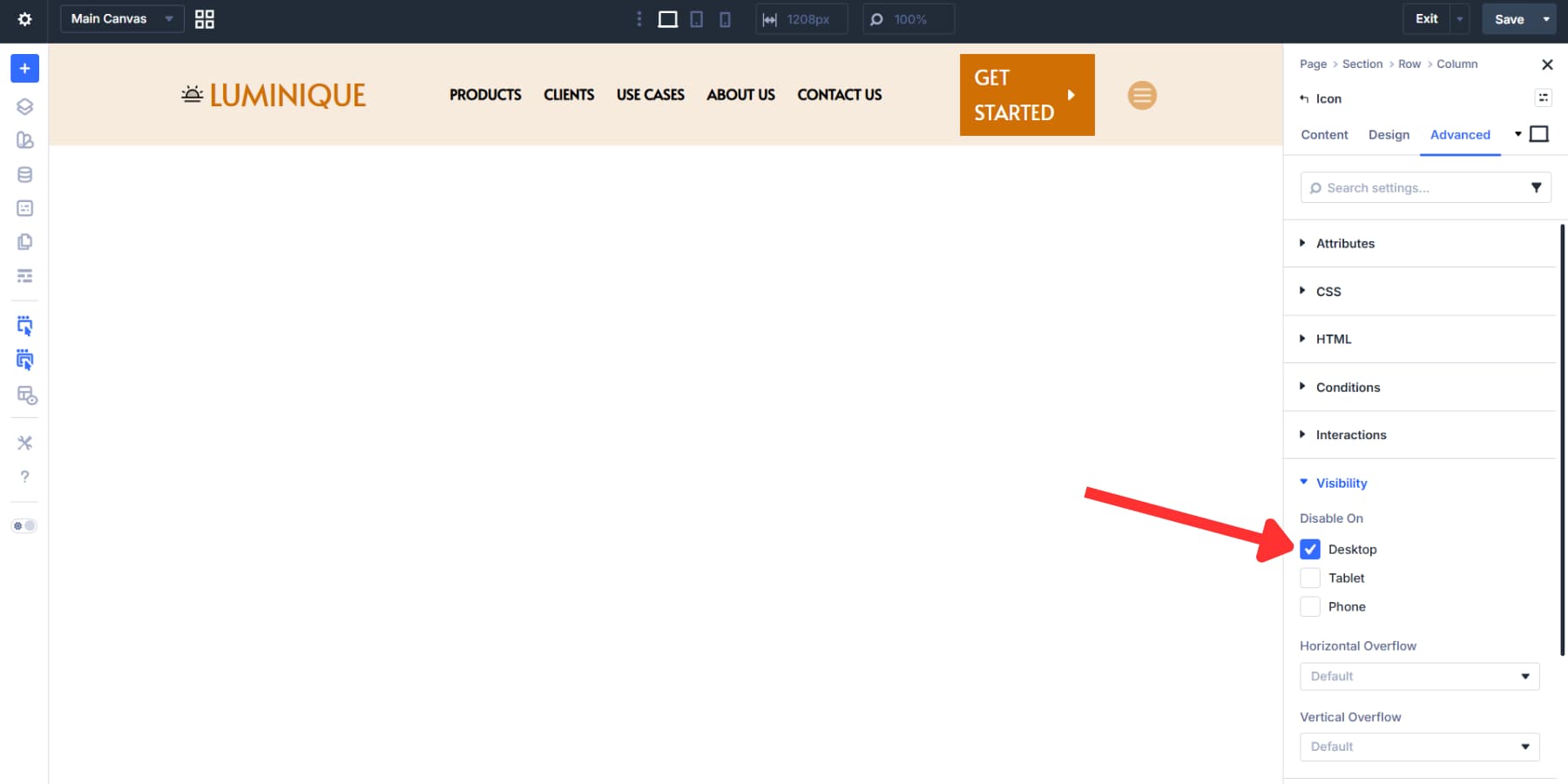 A screenshot of disabling the menu icon on desktops