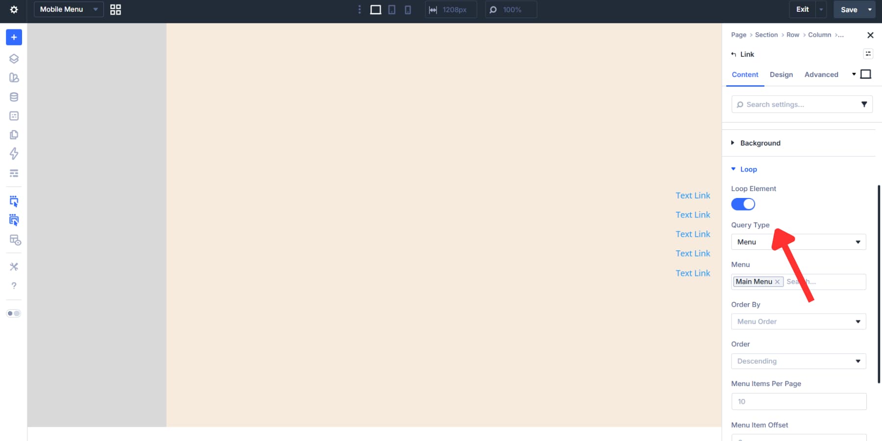 A screenshot of enabling loops for the link module in the mobile menu canvas