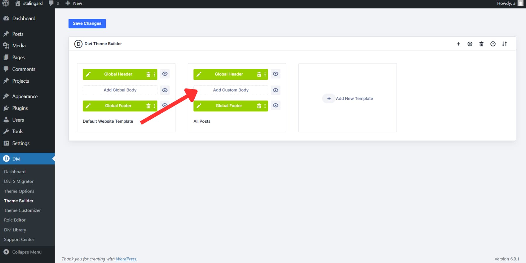 A screenshot of how to add a post template in Divi 5