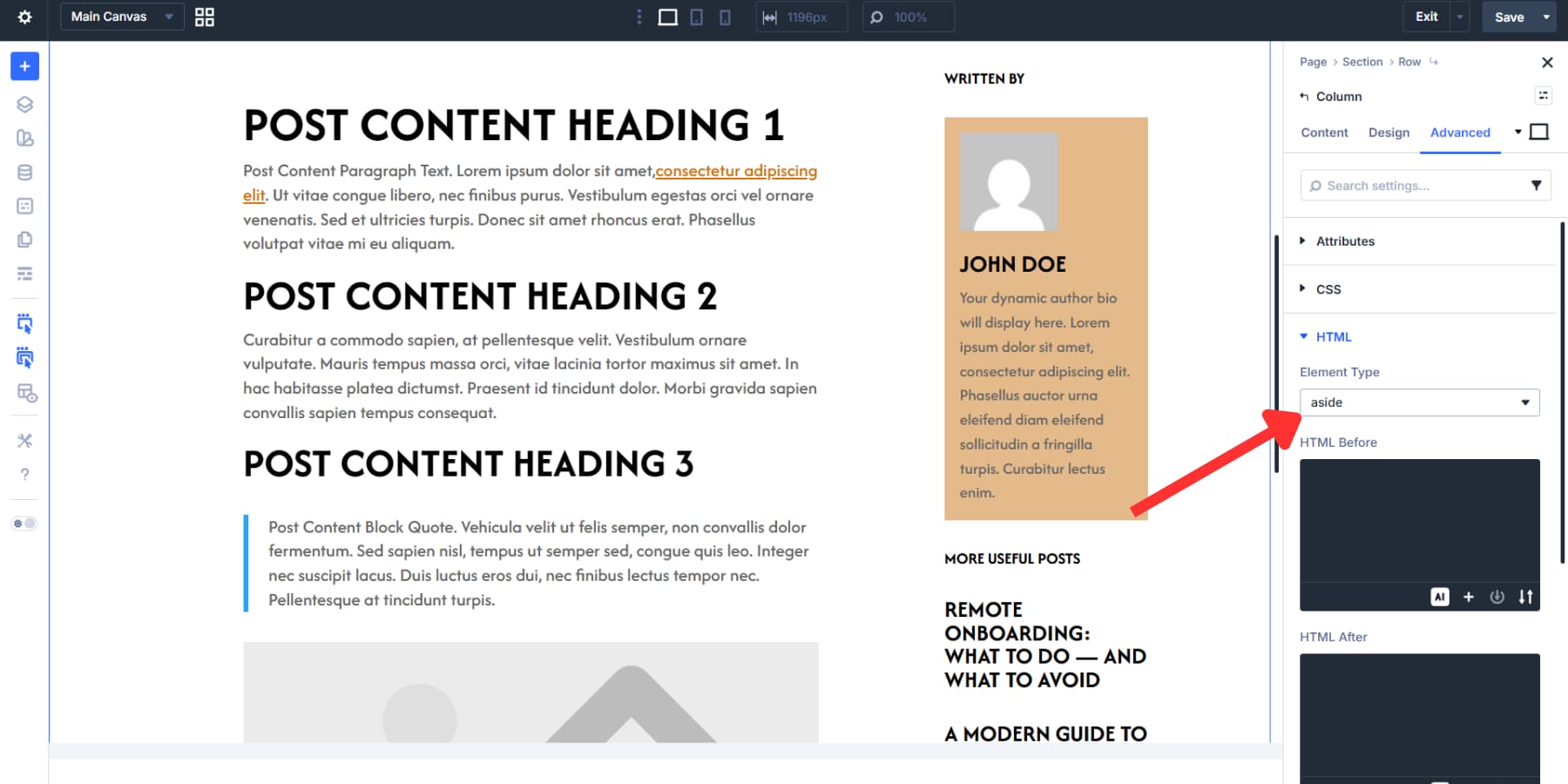 A screenshot of setting the element type as aside for the sidebar in Divi 5