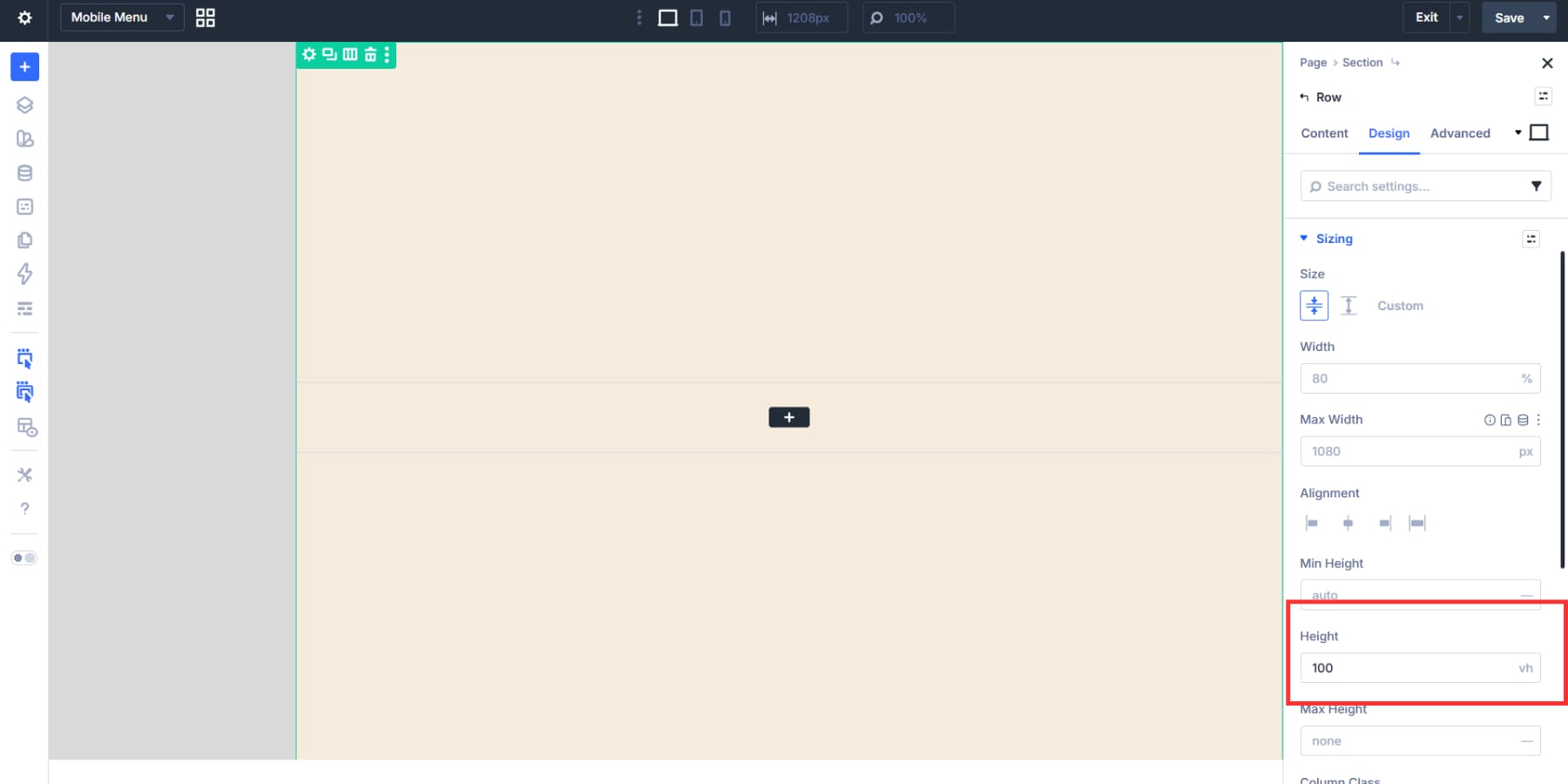 A screenshot of setting the height of the row to 100vh