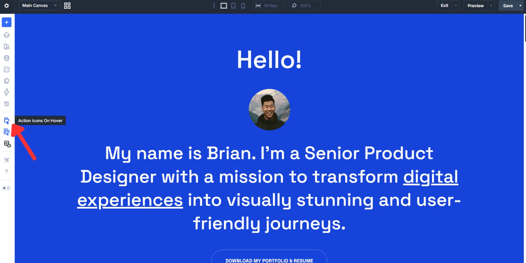 A screenshot of the Action Icons On Hover icon in Divi 5