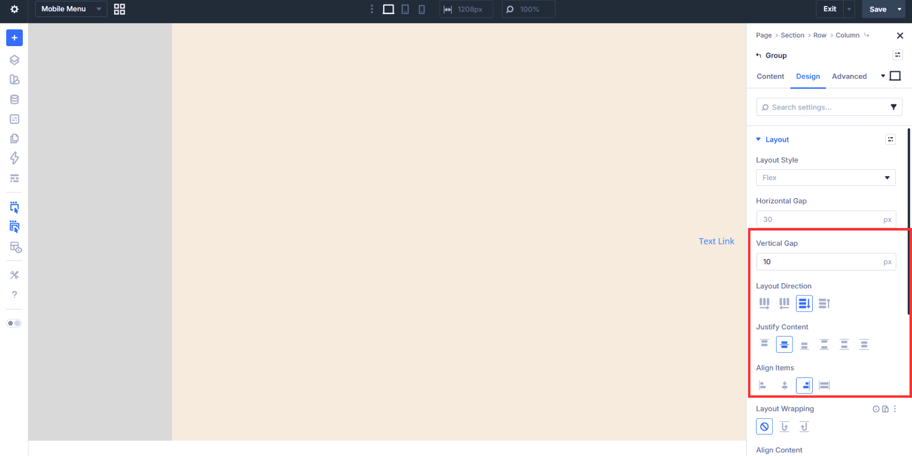 A screenshot of the changes made to layout settings for the module group in the mobile menu canvas