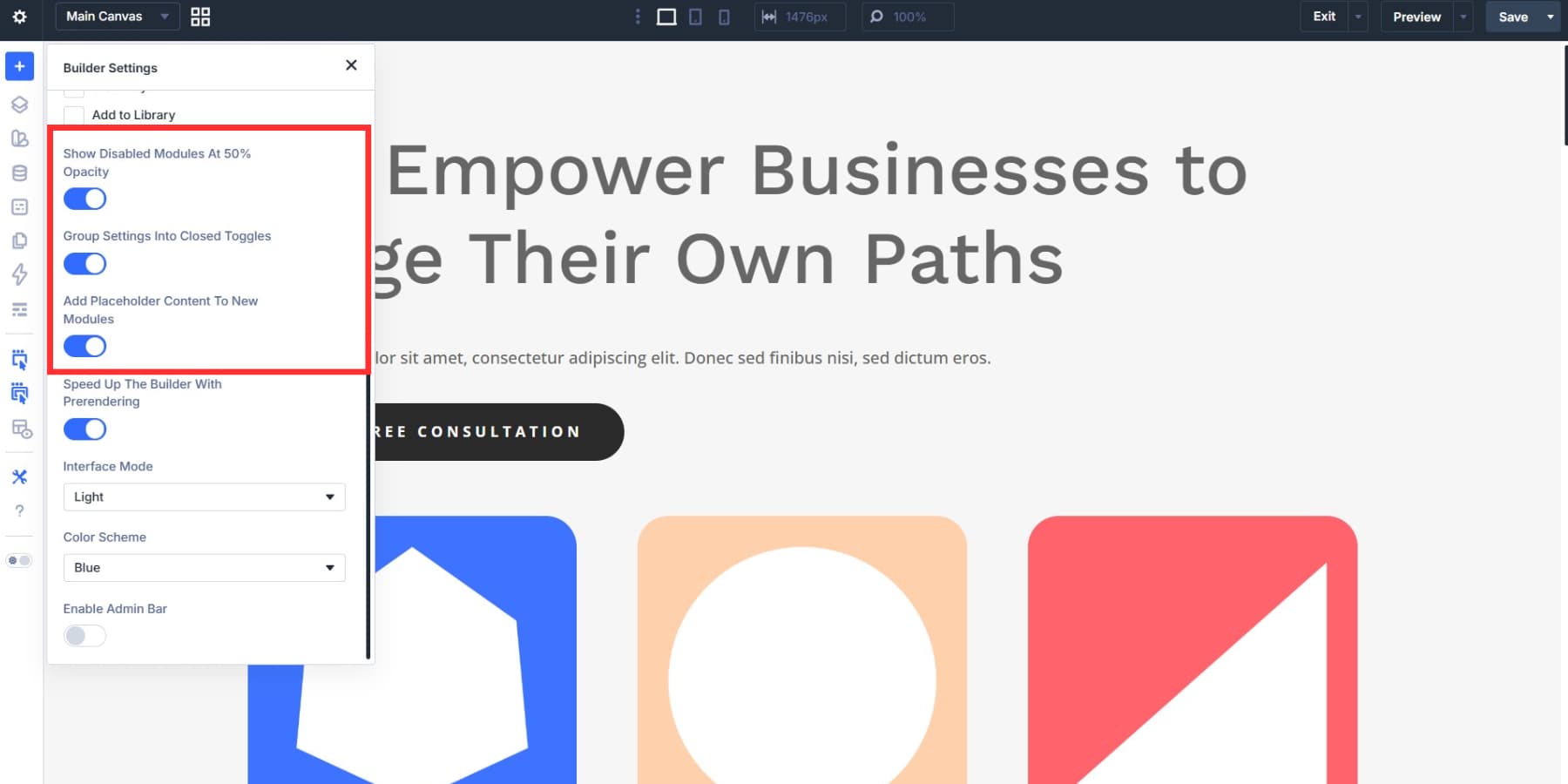 A screenshot of the content settings group in the builder settings in Divi 5