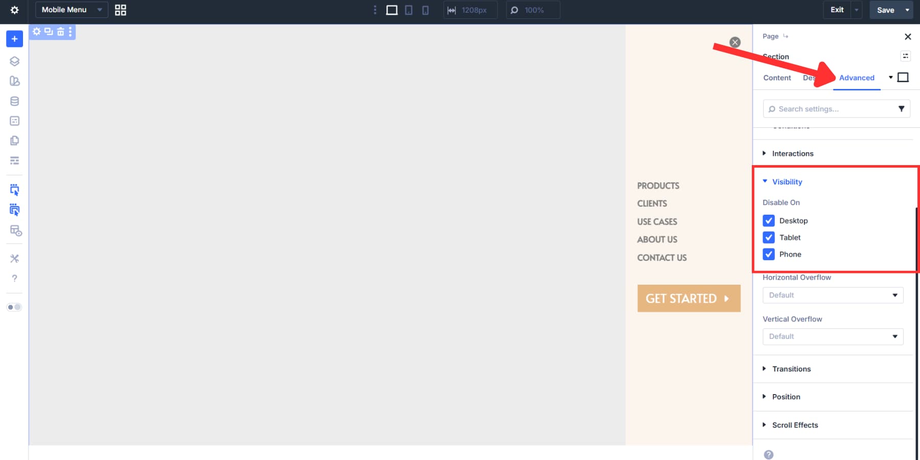A screenshot of where to disable visibility for all devices in Divi 5