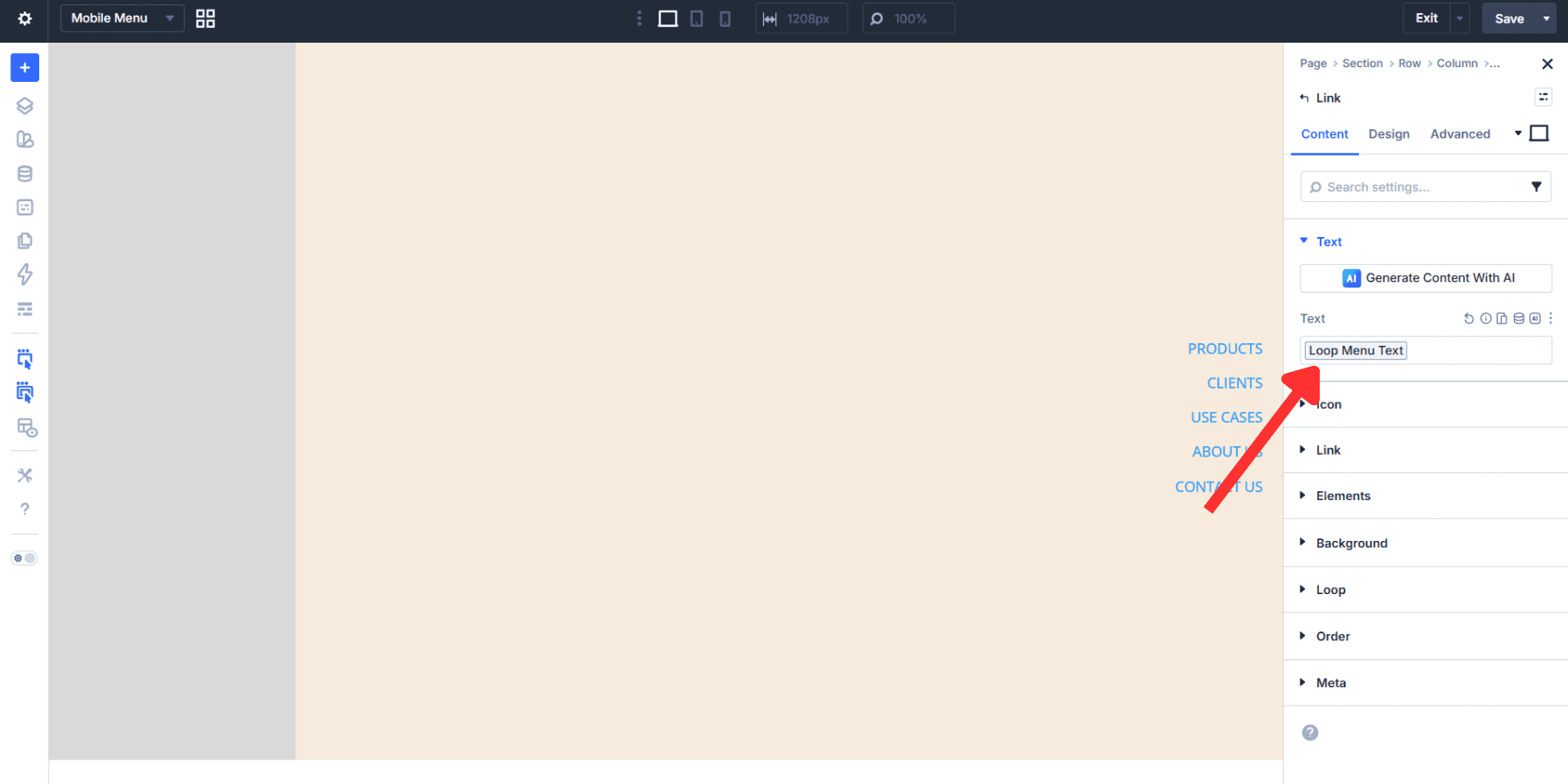 A screenshot of where to enable dynamic content for the link text in the link module in the mobile menu canvas