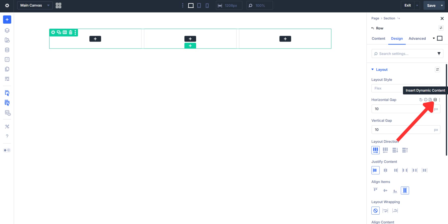 A screenshot of where to find the insert dynamic content icon in Divi 5