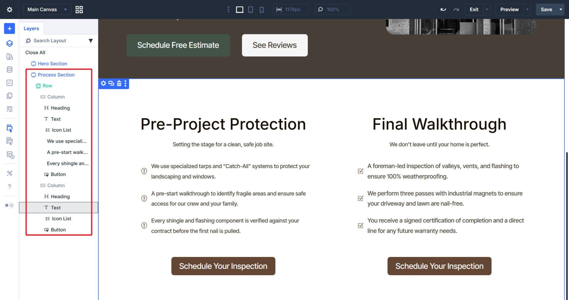 Container and Module Setup of the Process Section