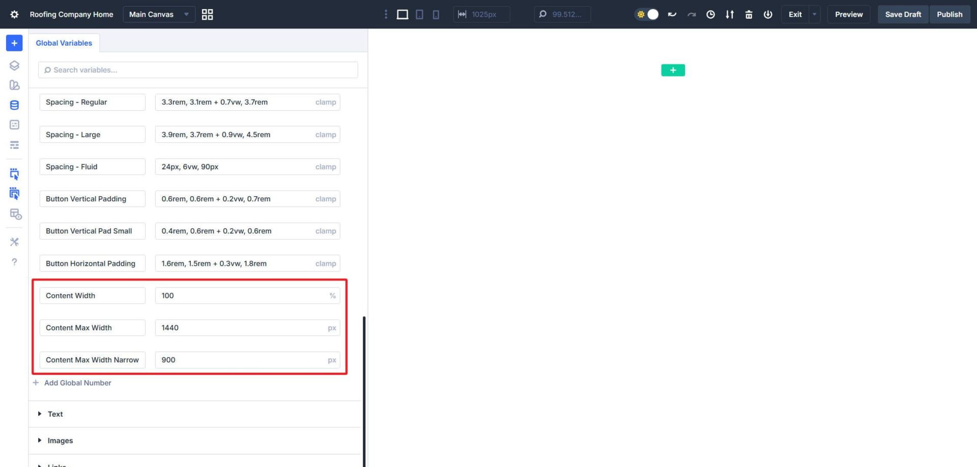 Content Width Variables added to Design Variable Manager