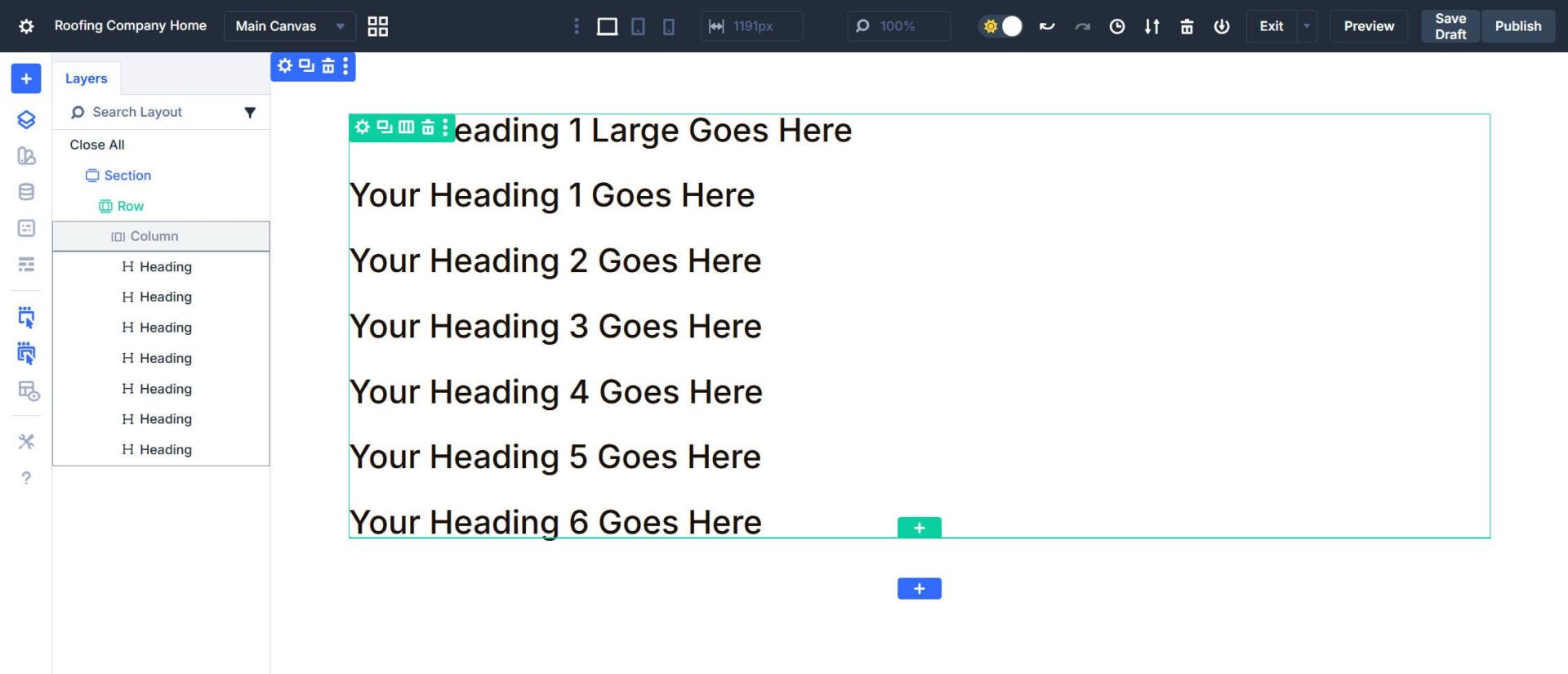 Create Seven Heading Modules on the Page
