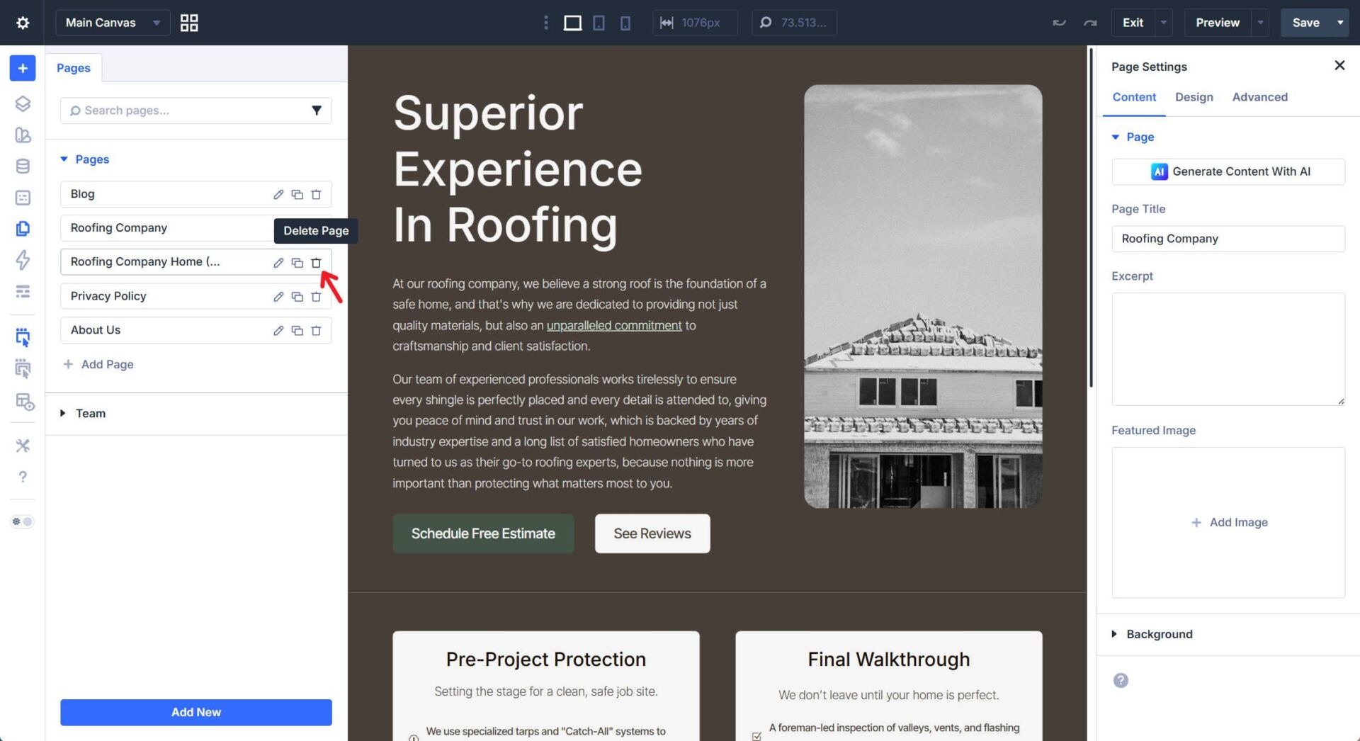 Delete Page with Page Manager Trash Bin Icon Deletes that Page or Post