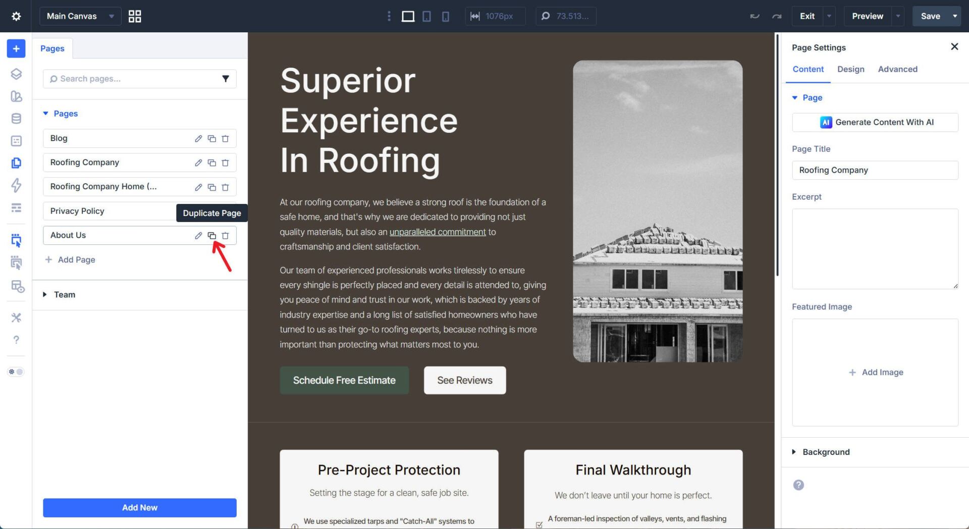 Duplicate Page with Page Manager Double Rectangle Icon Creates and Switches to that Page or Post