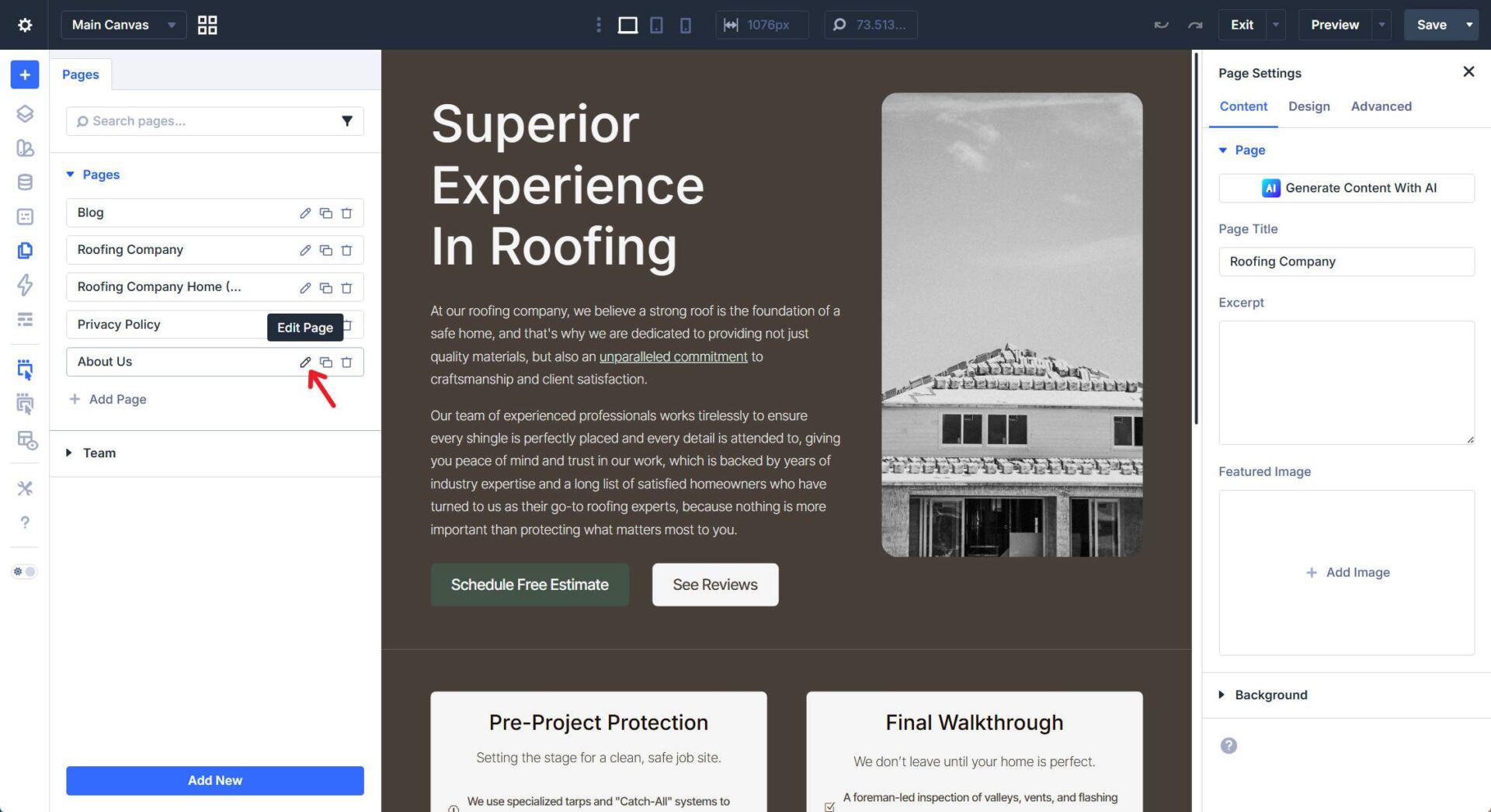 Edit Page with Page Manager Pencil Icon Switches to that Page or Post