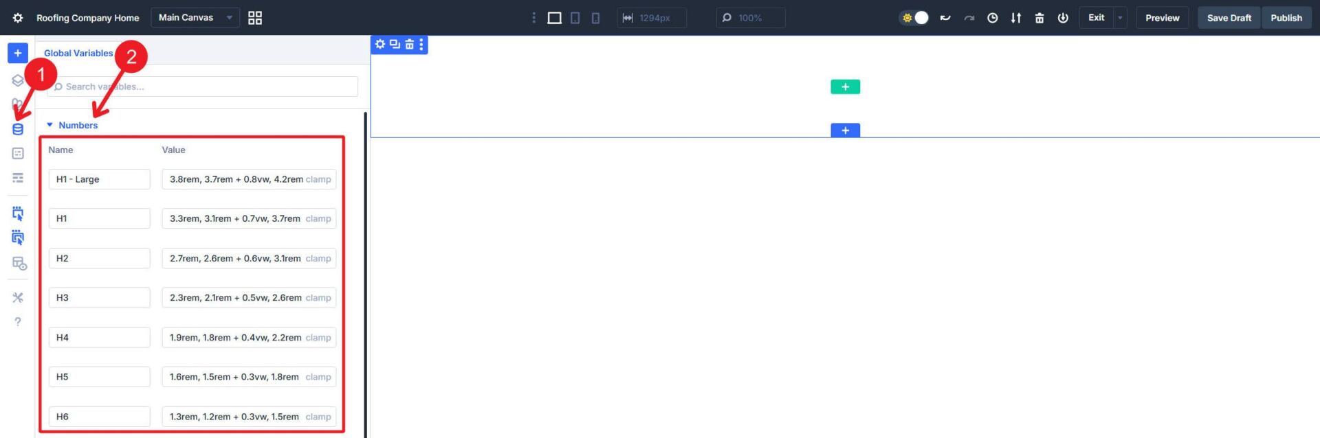 Heading Font Sizes Clamp stored as Design Variables in Divi