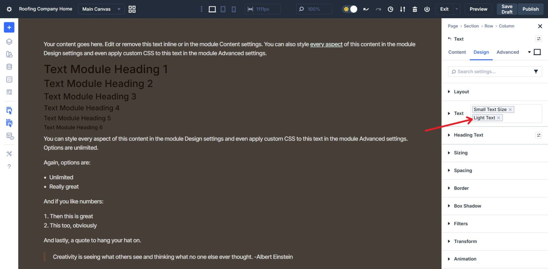 Light Text Option Preset Example on Dark BG