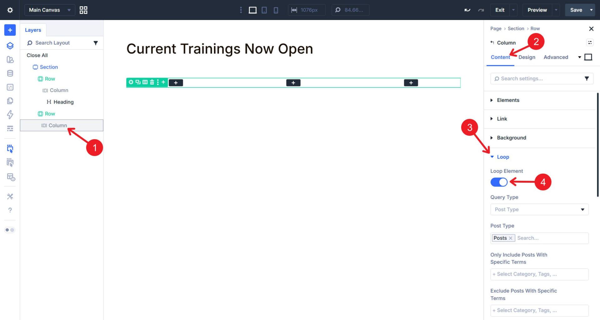 Set the Column to Loop Element and assign your loop query data