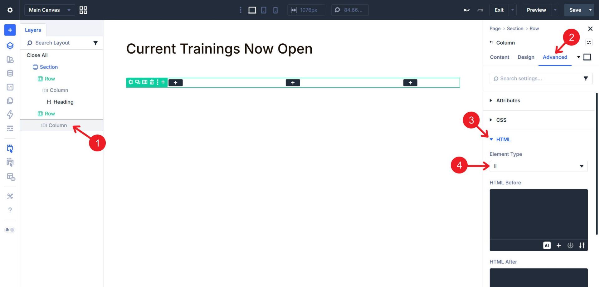 Set the column to element type li to be a list item repeated for every looped instance
