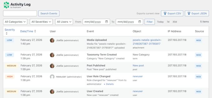 Activity log plugin by Duplicator