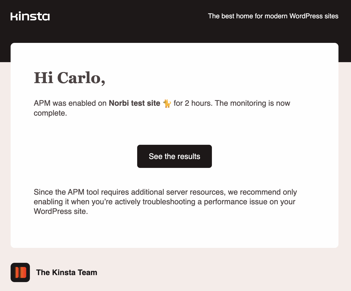 An automatic monitoring alert email