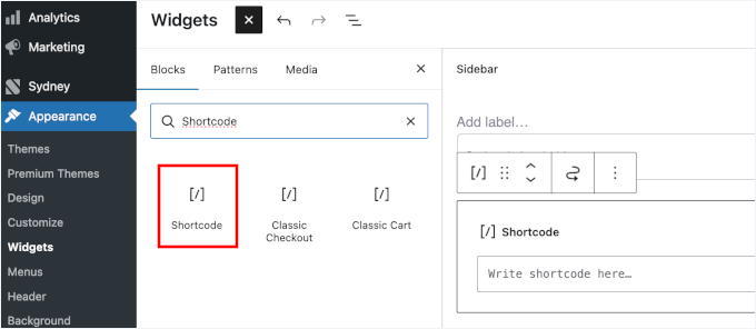Adding the shortcode block to Sidebar