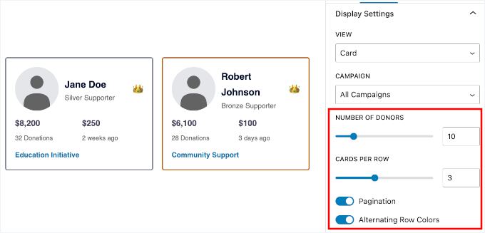 Adjusting the number of donors and pagination