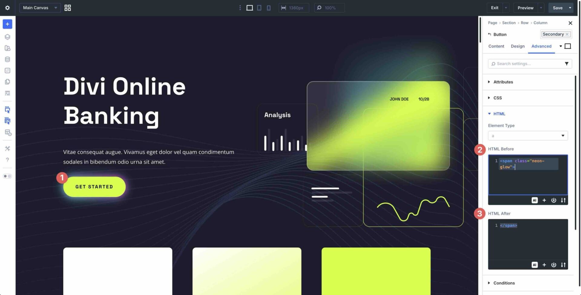 Adding button effects using Divi 5's Custom HTML Wrappers feature