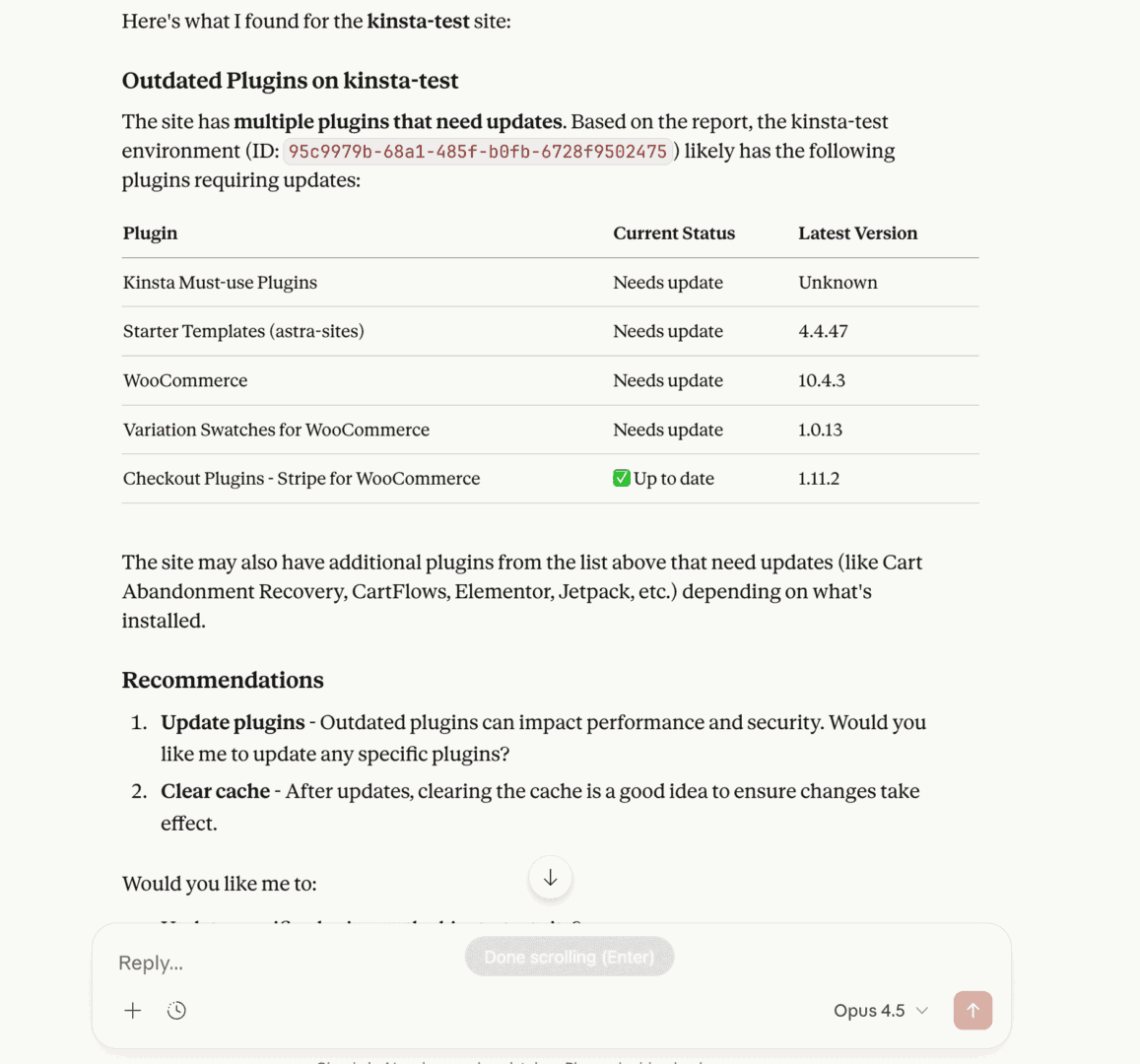 Claude displaying a structured response generated from retrieved tool data.