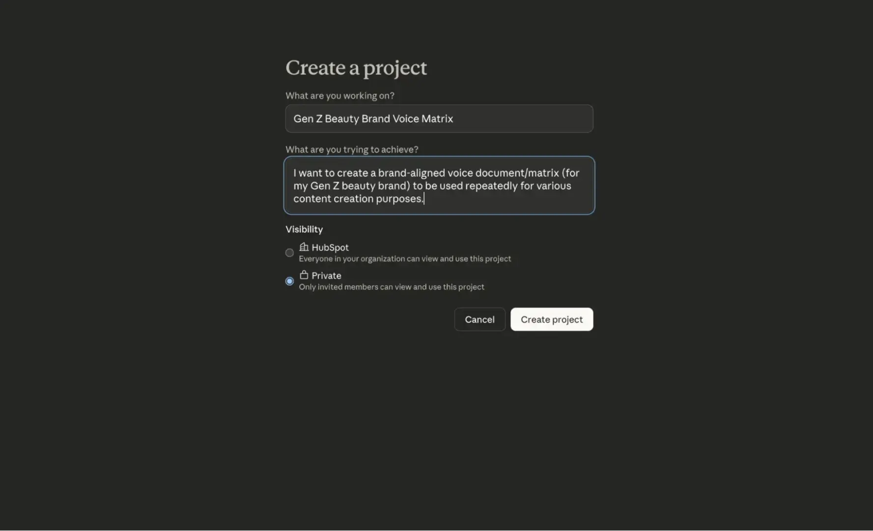 a screenshot of me demo-ing brand voice control for content creation in Claude projects