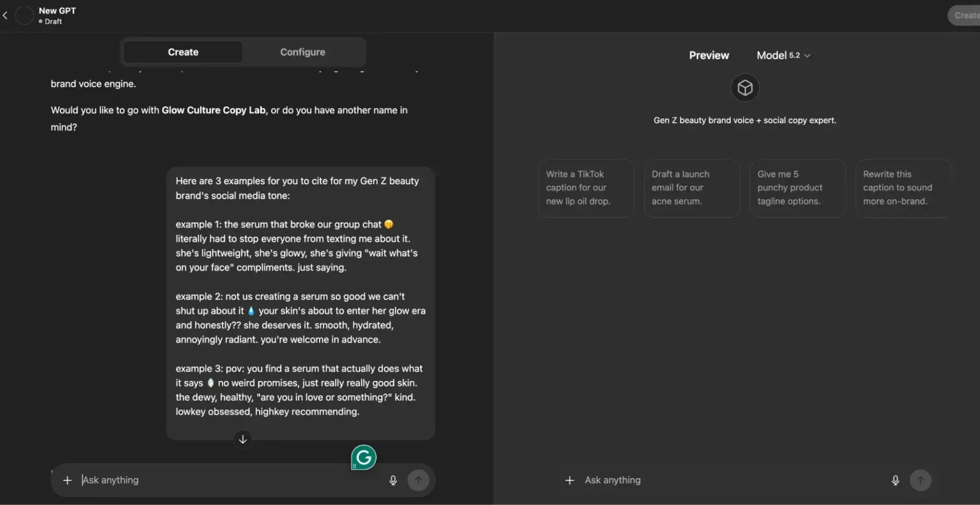 a screenshot of me demo-ing brand voice control for content creation in a custom GPT in ChatGPT