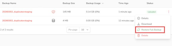 Duplicator cloud restore