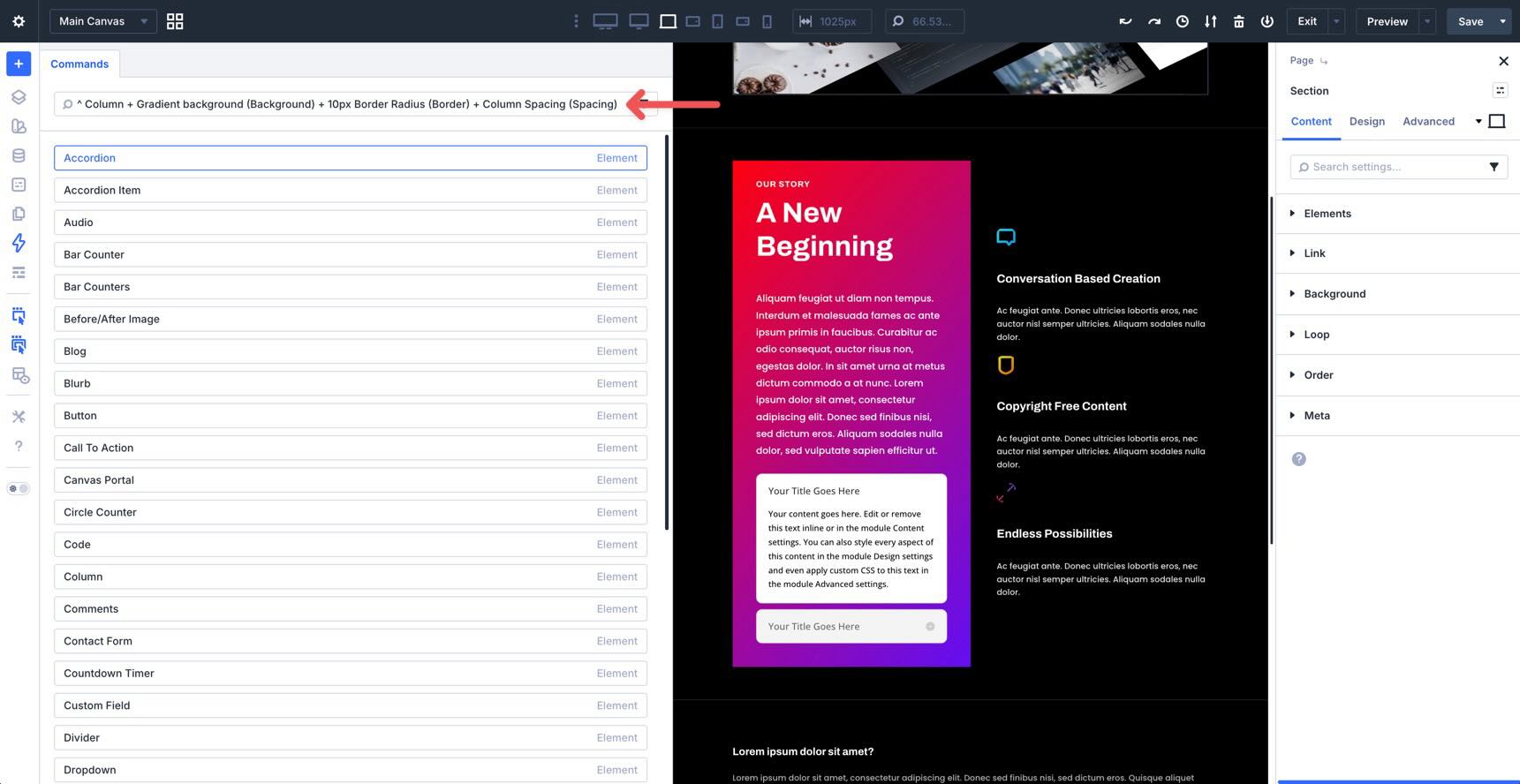 adding columns with presets in the Divi 5 Command Center