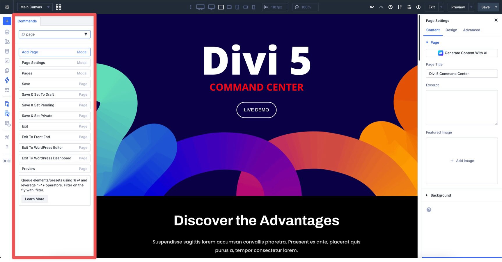 page settings in Divi 5 command center