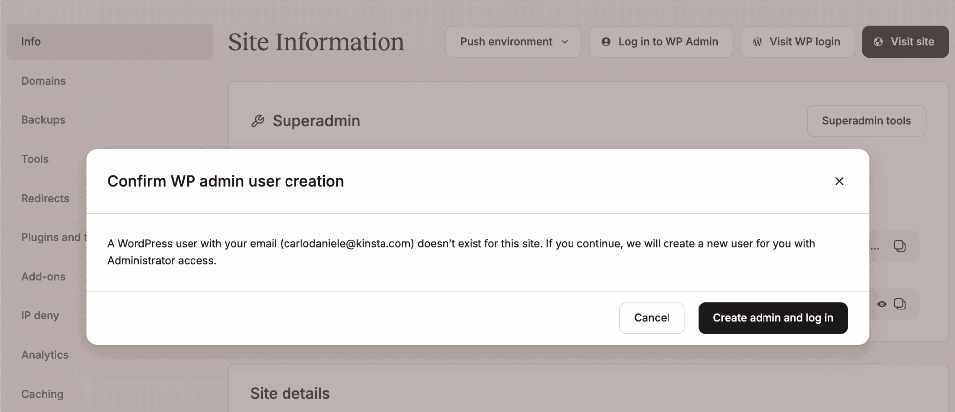 Create a new WP Admin login in MyKinsta.