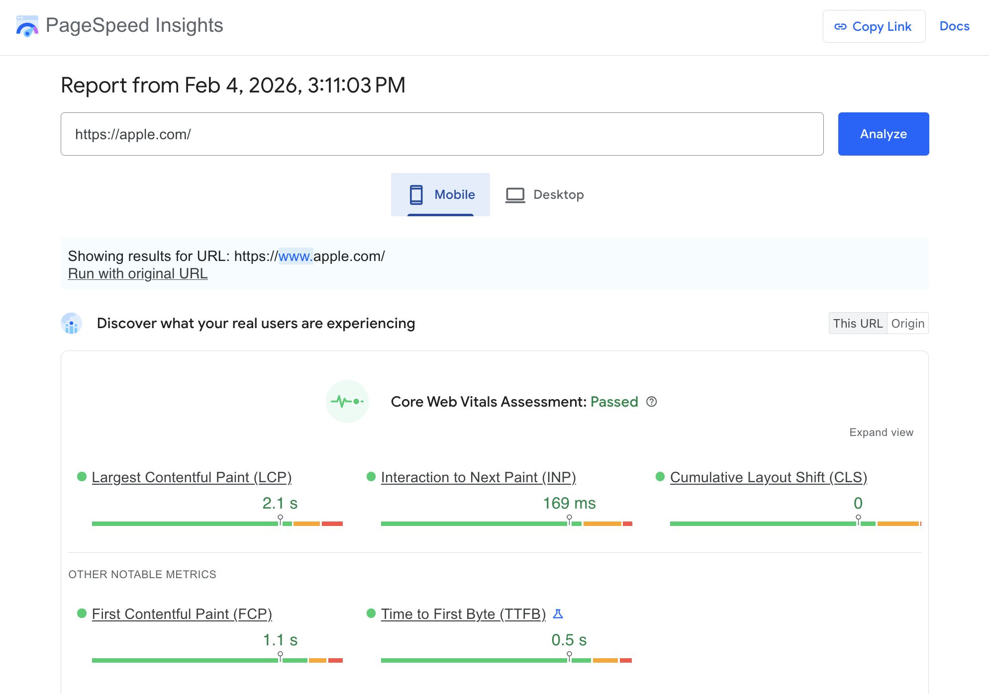 Core Web Vitals assessment in PageSpeed Insights