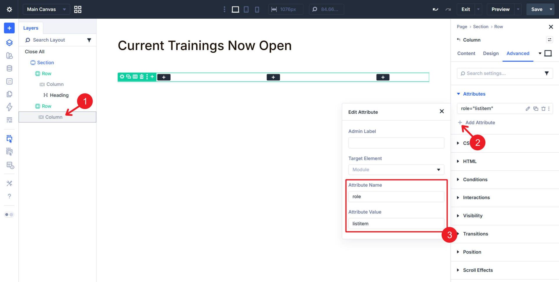 custom attribute on column for role eq listitem