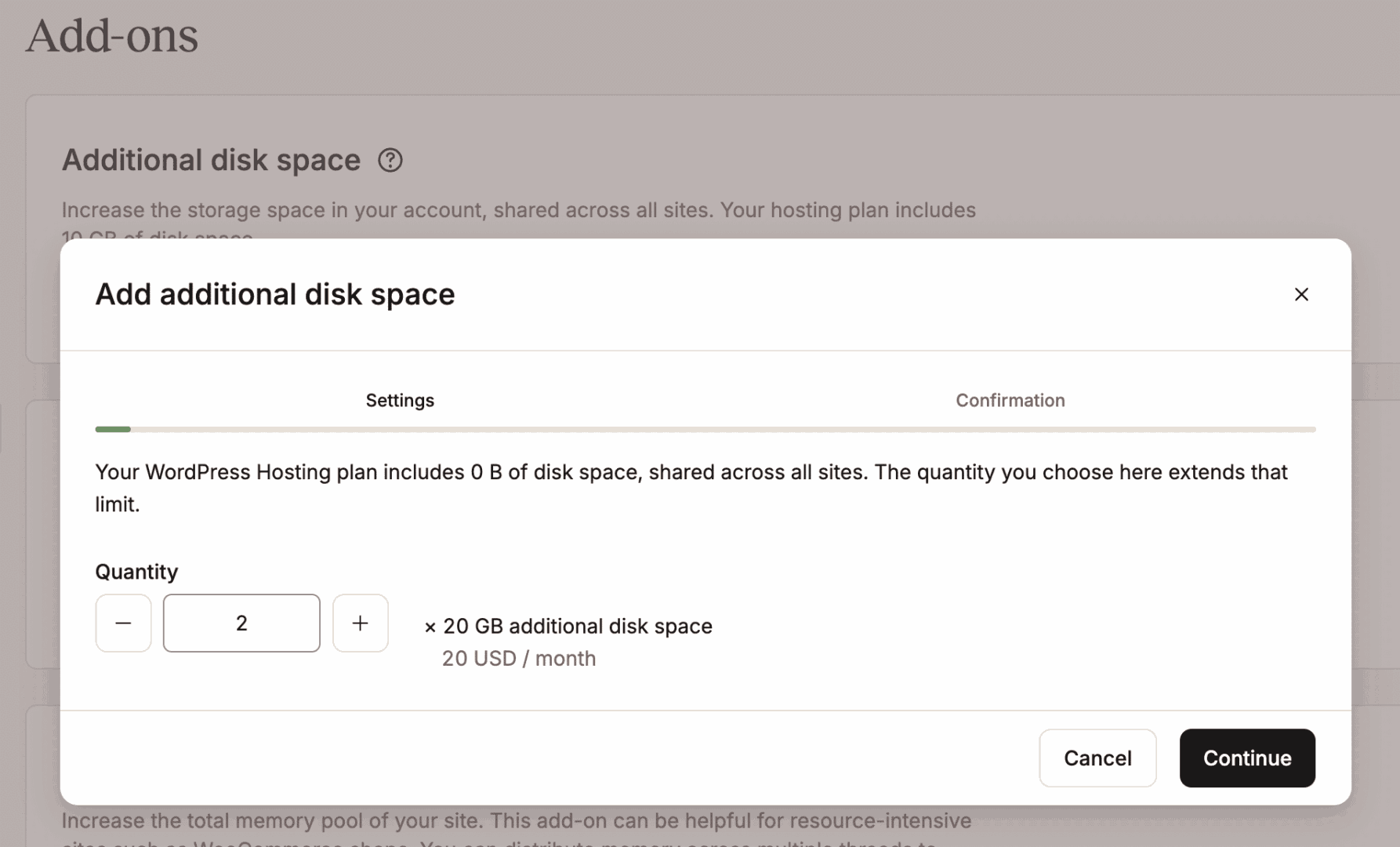 Adding 2 slots of disk space to a website in MyKinsta
