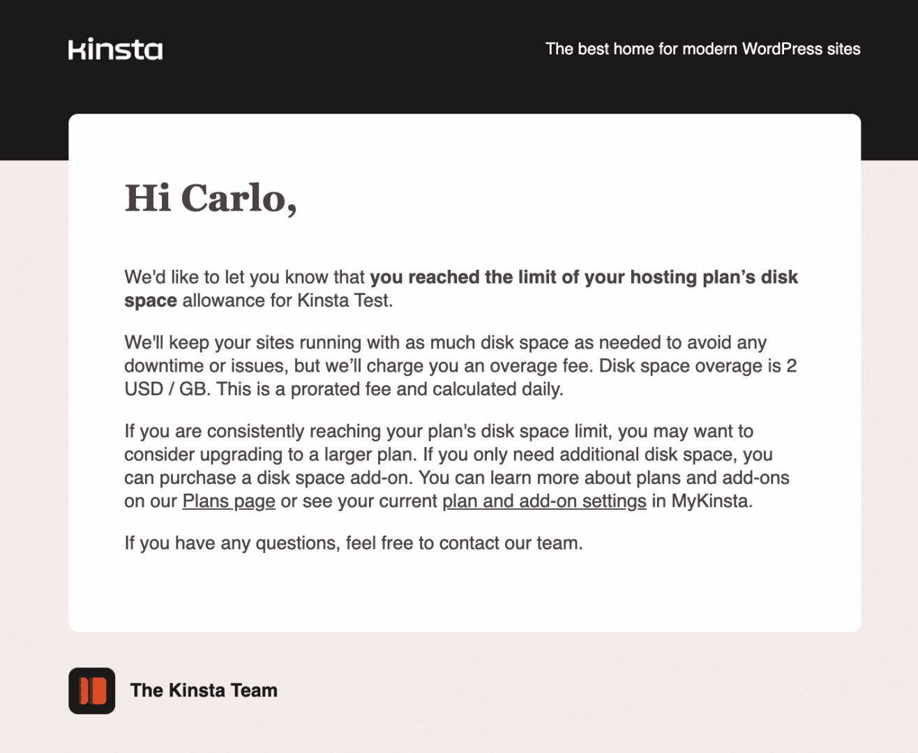 Disk space notification email