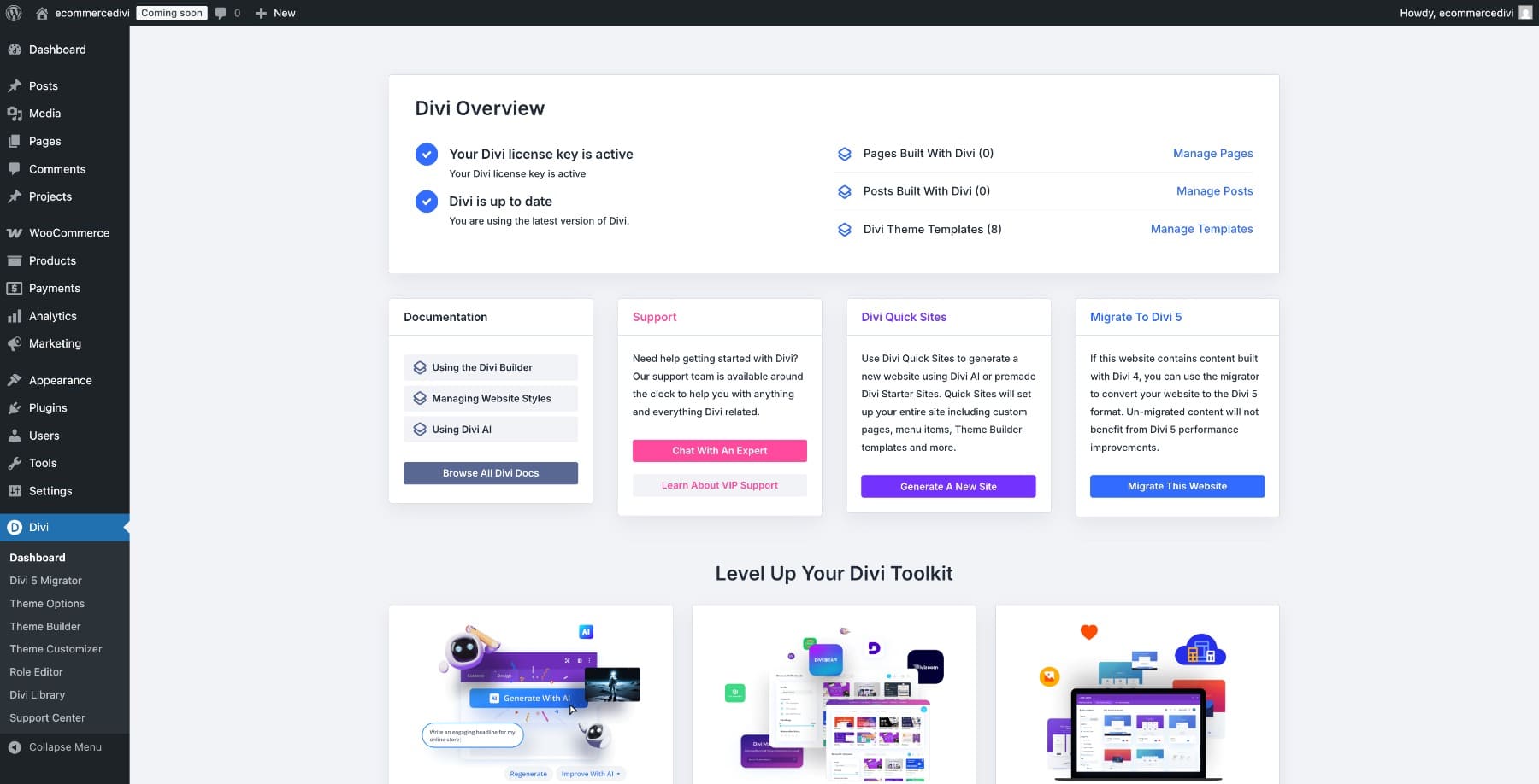 divi dashboard