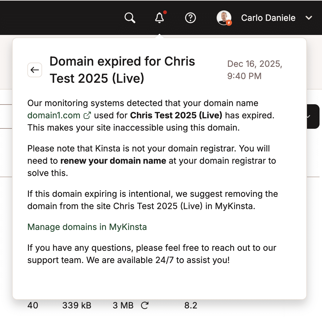 Domain expiration notification in MyKinsta
