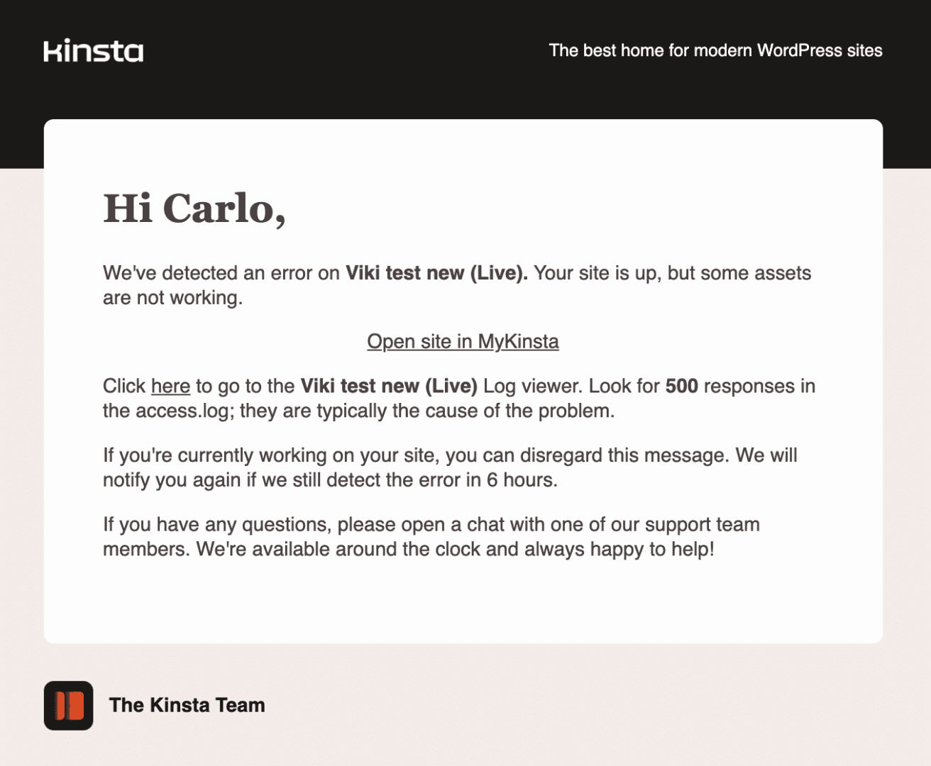Error notification email