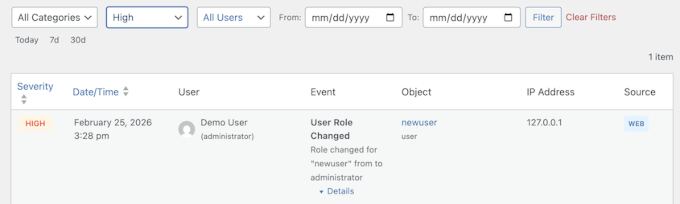 Filter activity events