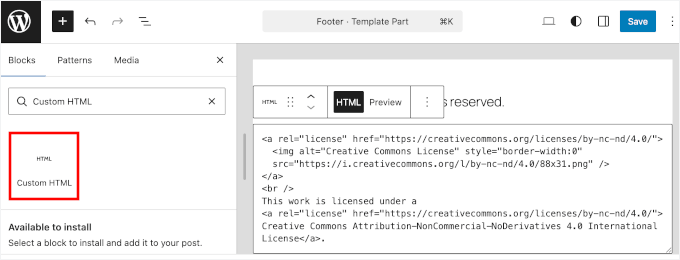 Adding Creative Commons HTML snippet in FSE