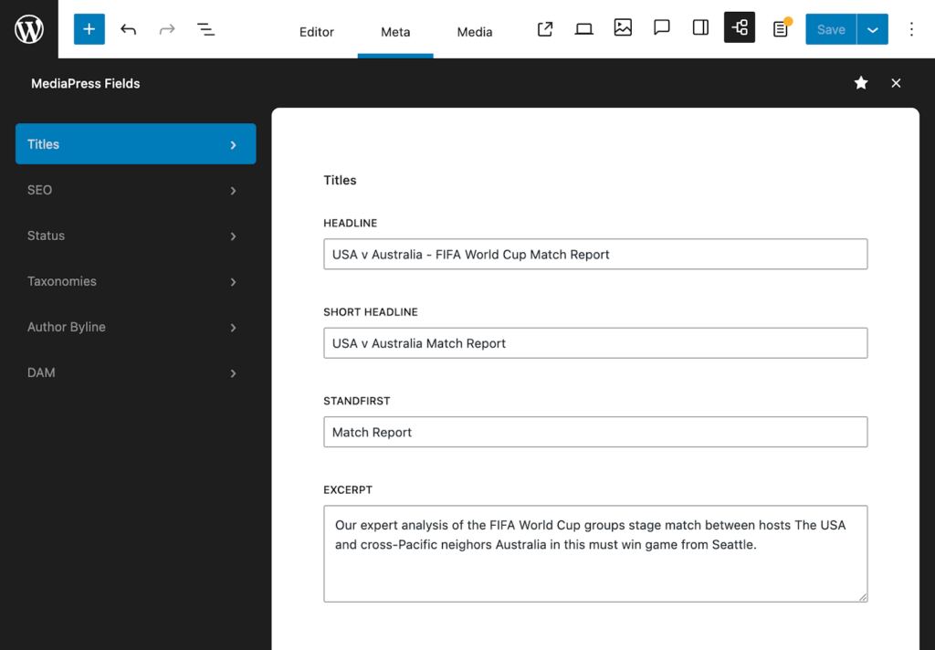 The Meta tab of Newsroom's Editor Tabs features, showing fields for Headline, Short Headline, Standfirst, and Excerpt.