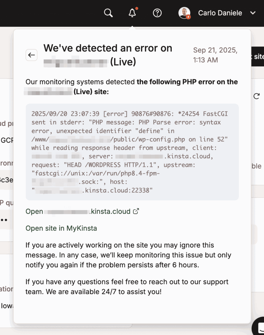 A PHP error notification in MyKinsta