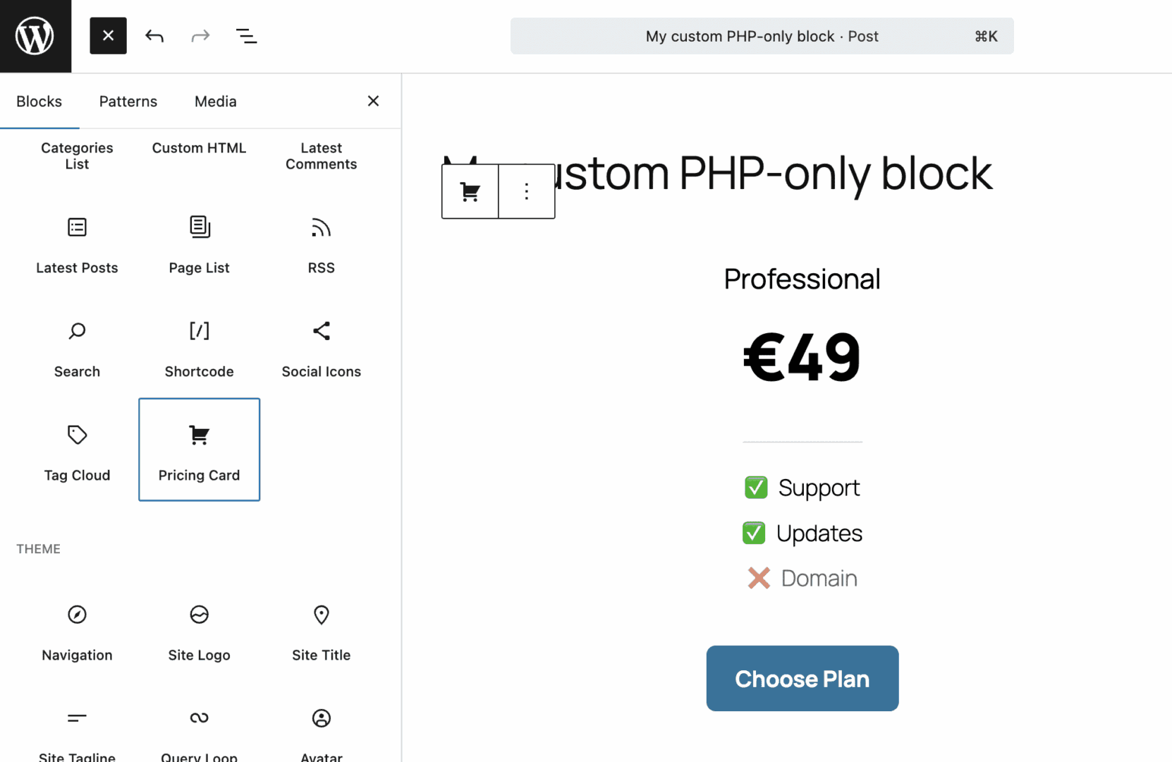 A custom PHP-only block in the block editor